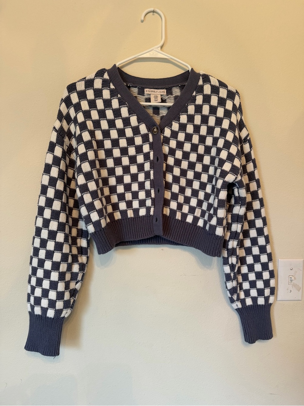 Checkerboard Cropped Cardigan Sweater - White & Navy